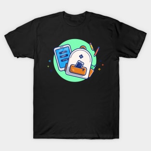 Backpack, Hand Phone, Tablet, Pen, And Pencil Cartoon T-Shirt
